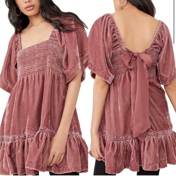 Free People Dresses & Skirts - Free People Easy To Love Mini Dress Pink Velvet Smocked Bow Fairy Babydoll